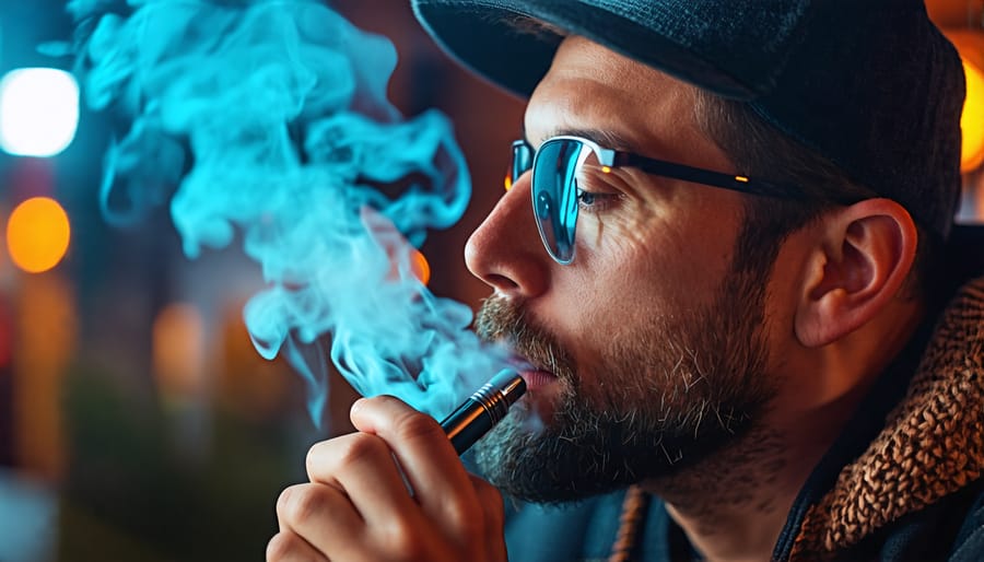 Person vaping THC using a discreet vape pen in a relaxed environment