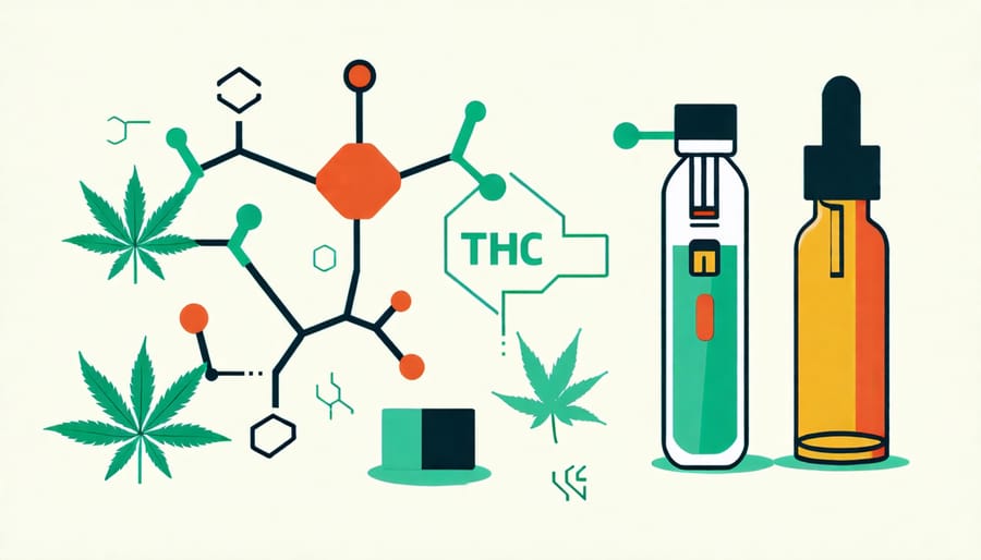 Diagram of THC chemical structure alongside a vape pen, highlighting its role in vaping