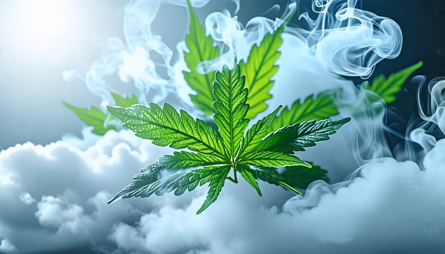 A conceptual illustration showing the THC chemical structure surrounded by vapor clouds from a vape pen, symbolizing the blending of THC with modern vaping technology for therapeutic benefits.