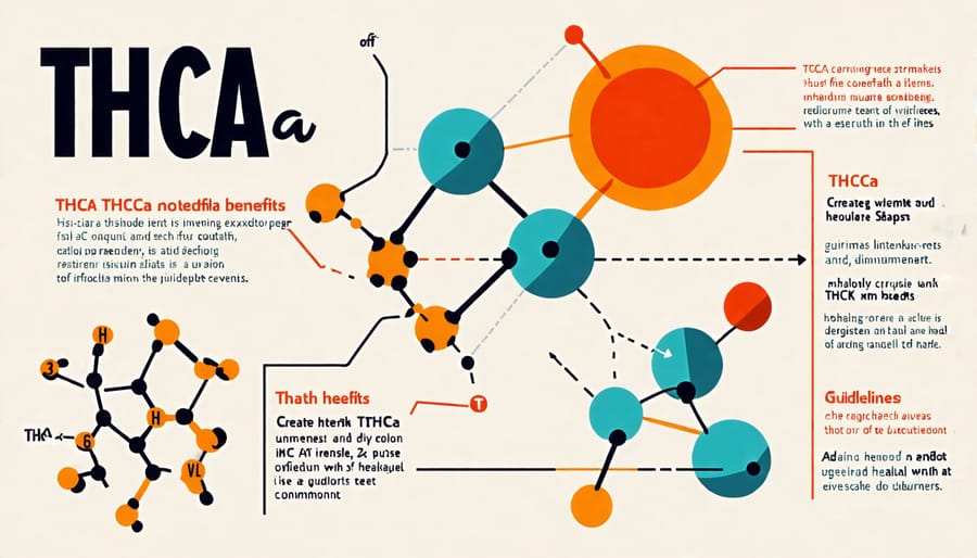 Visual representation of THCa molecule with health benefits indicated.