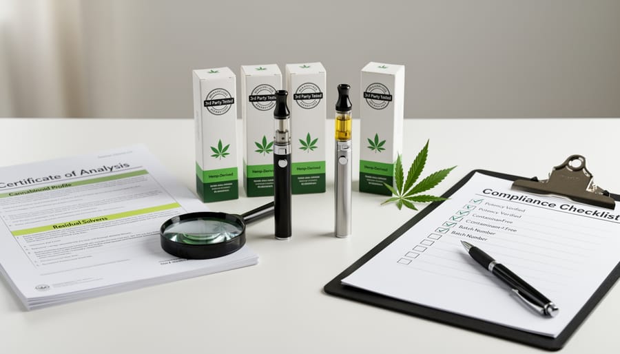 Close-up still life of vape cartridge packaging next to a specimen vial on a lab-style workspace