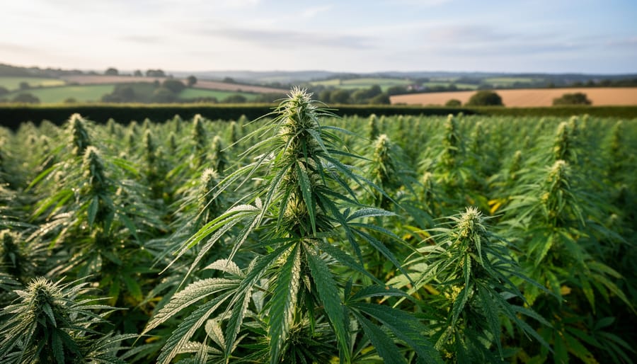 Hemp plants with green leaves and flowering tops in a field