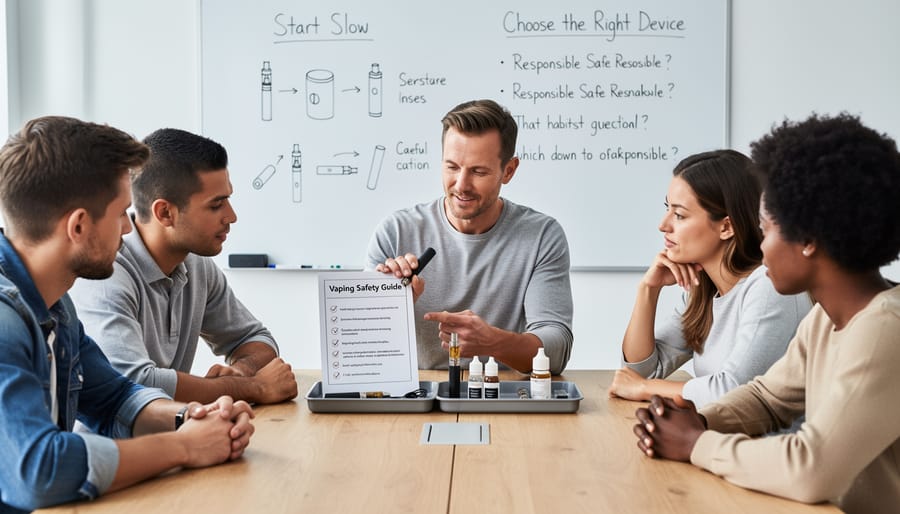 Person’s hands holding a vape device near a window with vaping accessories on a clean surface