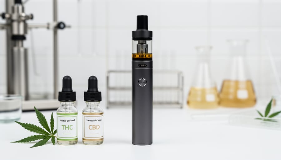 Refillable vape device on a wooden bench with hemp twine and small glass bottles of hemp extract