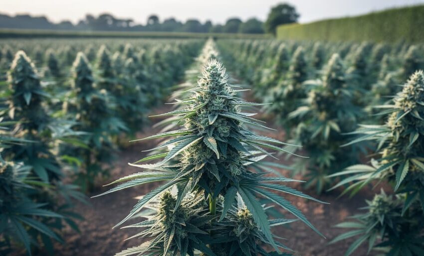 Green hemp plants with flowering tops growing in a UK-style outdoor field under soft daylight.