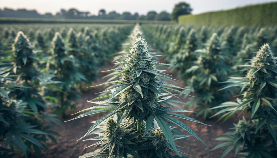 Green hemp plants with flowering tops growing in a UK-style outdoor field under soft daylight.
